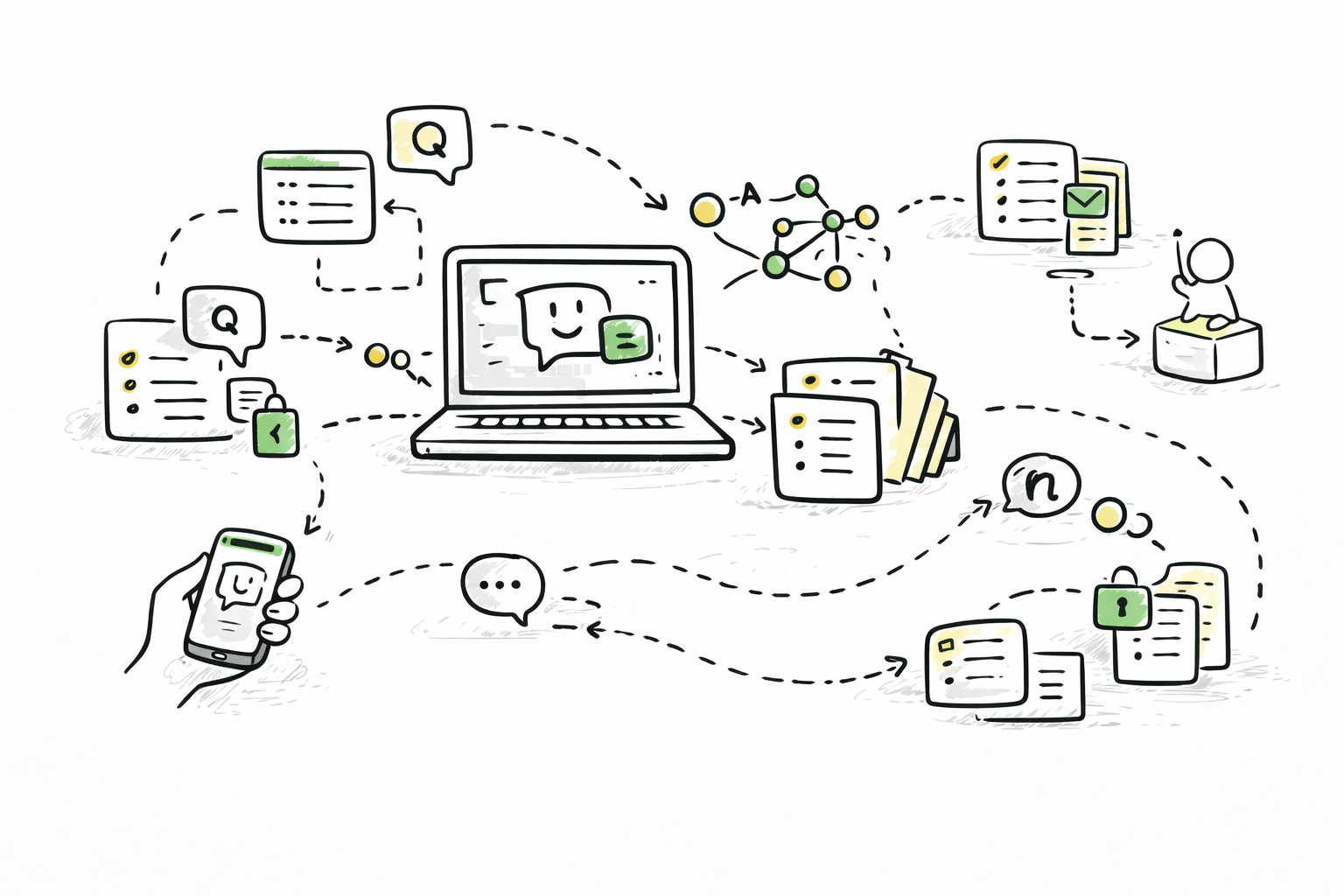 MindFrame illustration showing connected conversations, devices, and structured data